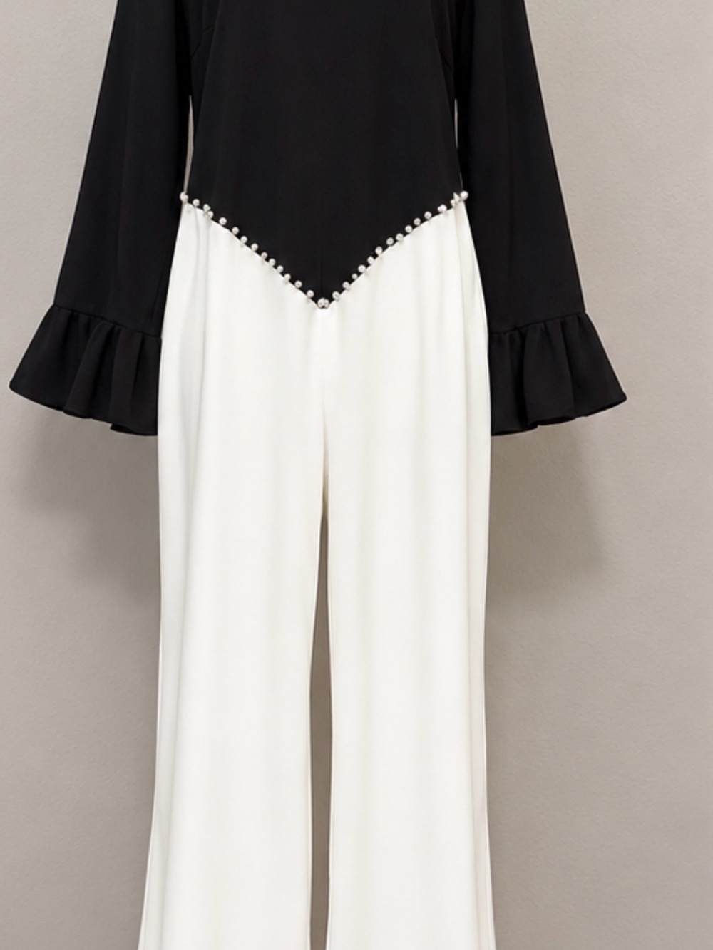 SHEIN Black & White Pearl-Trim Wide-Leg Jumpsuit